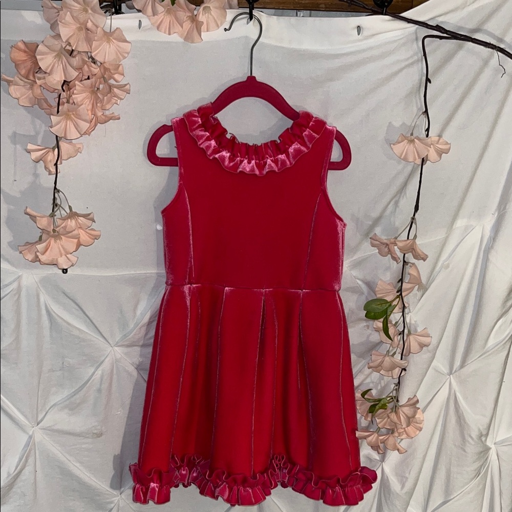 Girls' pink Velvet Ruffle Collar Dress